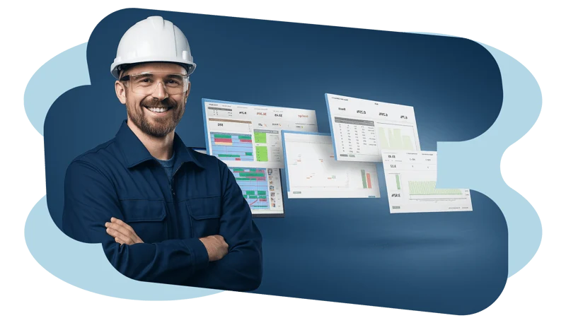 PlanetTogether product visual with production scheduling screens